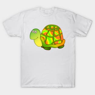 Cartoon Turtle In Greens, Oranges and Yellows T-Shirt